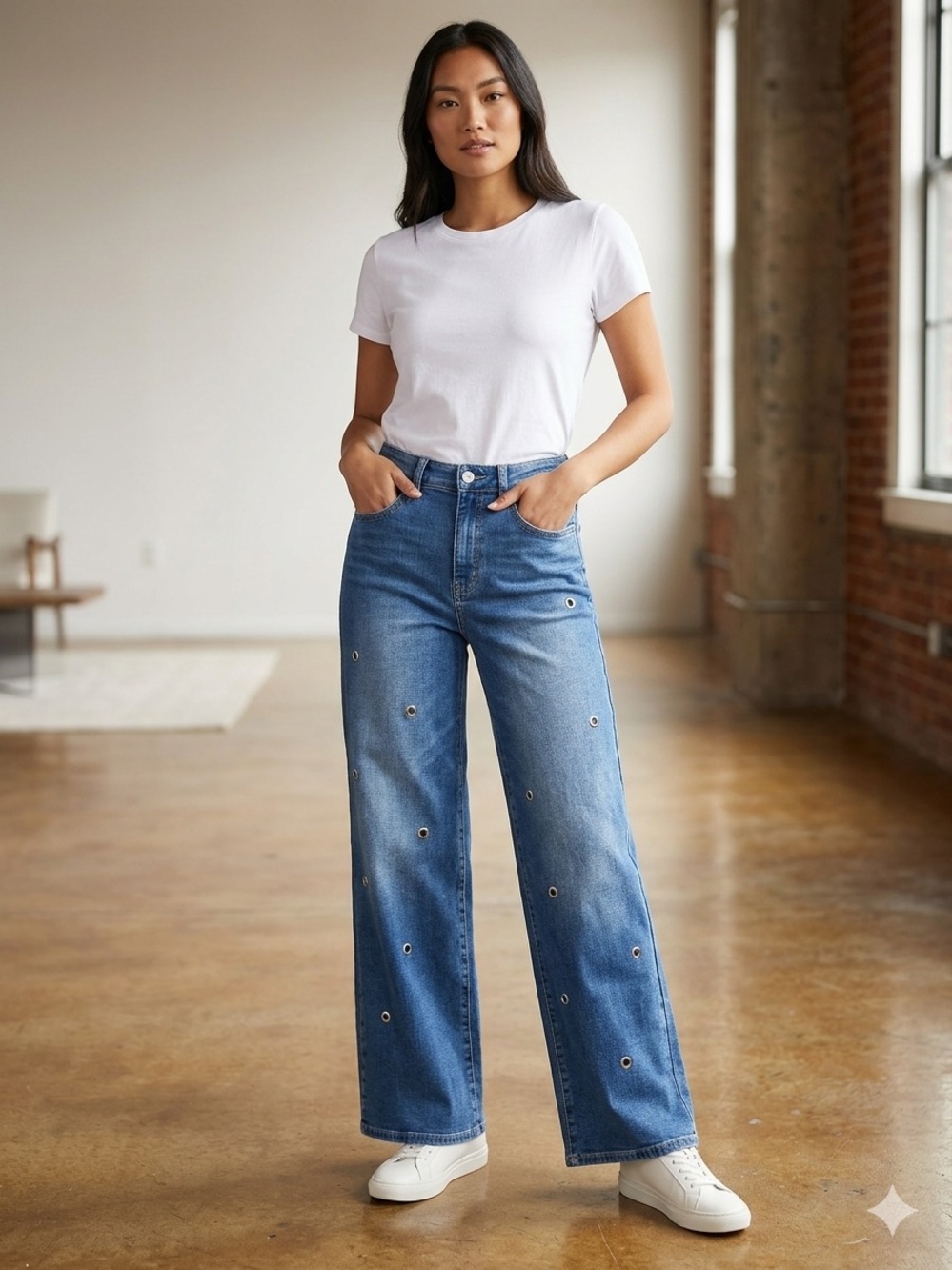 Vince Camuto Stud-Embellished Dark Blue Wide Leg Jeans